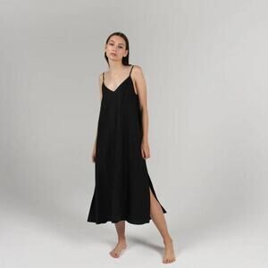 Linen Midi Dress Black XS Slip Tie Back Boho Coastal Minimalist Summer Vacation